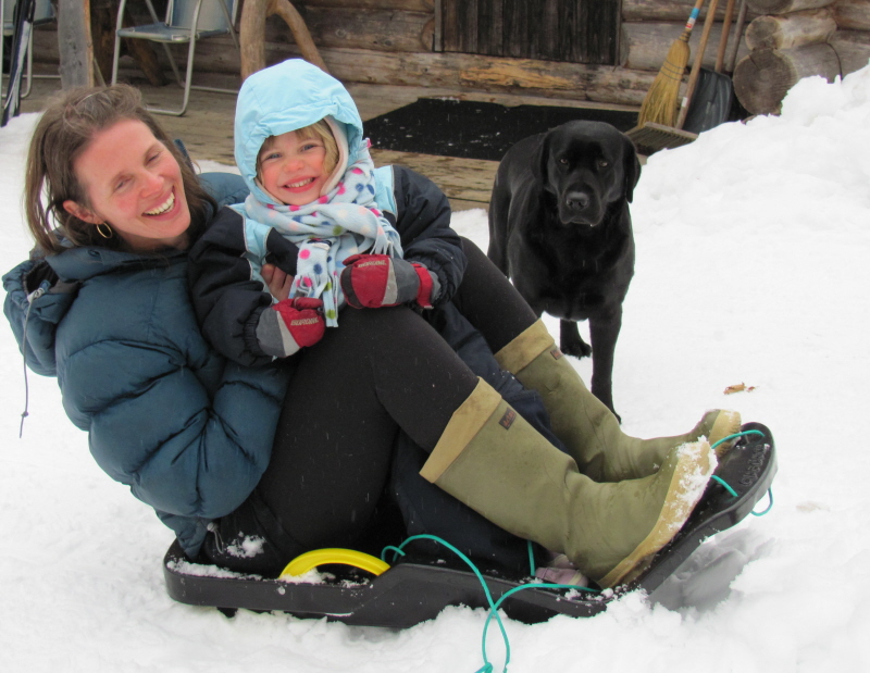 Zoom in Paula & Mila wid Tessie sledding.